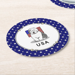Porta-copo De Papel Redondo US American Flag Old English Sheepdog (Cinza 1)