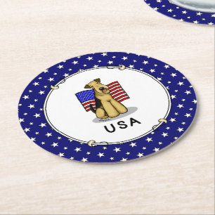 Porta-copo De Papel Redondo USA American Flag Airedale Terrier Dog - Cute