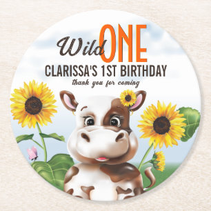 Porta-copo De Papel Redondo Vaca Girassol Primeiro Aniversário