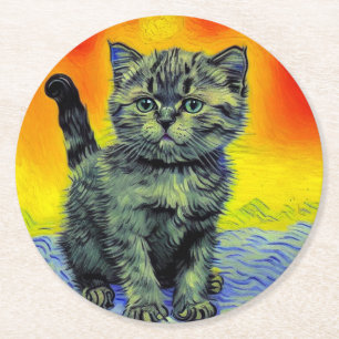 Porta-copo De Papel Redondo Van Gogh Style Cat Sunset Beach