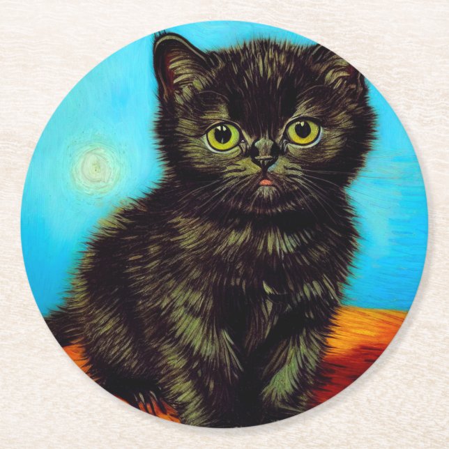 Porta-copo De Papel Redondo Van Gogh Style Pouting Kitten (Frente)
