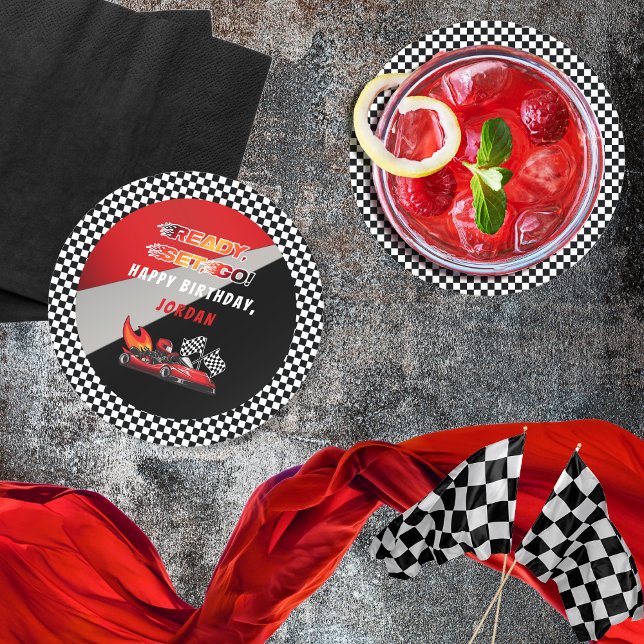 Porta-copo De Papel Redondo Vermelha | Black Go Kart Racing Birthday (Red and Black Go Kart Racing Kid's "Ready, Set, Go!" Birthday Party Coasters)