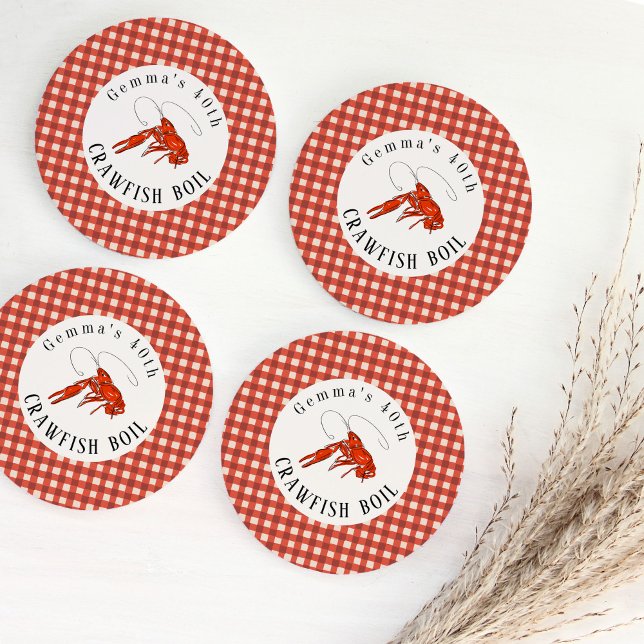 Porta-copo De Papel Redondo Vermelho Gingham - Peixe-Rastreio - Papel do Parti (Red crawfish and gingham personalized crawfish boil coasters.)