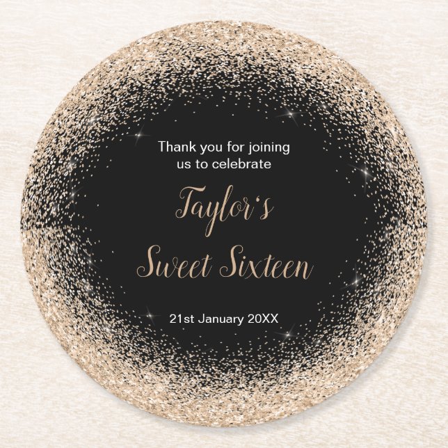 Porta-copo De Papel Redondo Vestido de Champanhe Faux Glitter Sweet 16 Anivers (Frente)