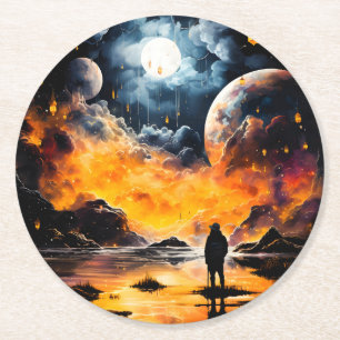 Porta-copo De Papel Redondo Viajante Astronauta Jornada Horizonte Cósmico