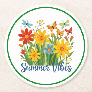 Porta-copo De Papel Redondo Vibrações de Verão Floral com Borboletas-64534