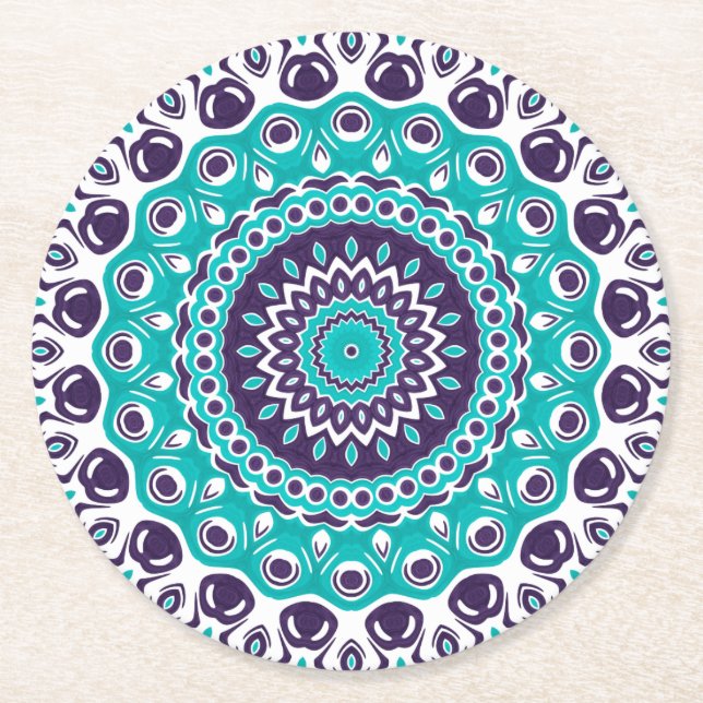 Porta-copo De Papel Redondo Vibrant Aqua and Plum Mandala Pattern (Frente)