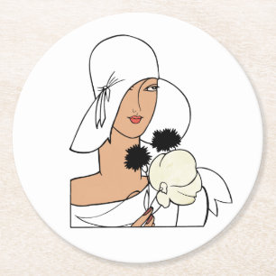 Porta-copo De Papel Redondo Vintage Art Deco Mulher com Flores Vestindo Chapéu