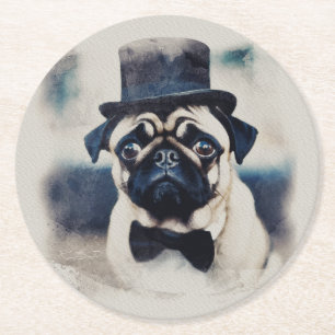 Porta-copo De Papel Redondo Vintage BLue Tux Pug Retrato