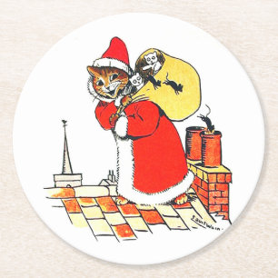 Porta-copo De Papel Redondo Vintage Cat Papai Noel (Natal), Louis Wain
