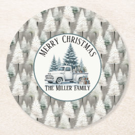 Porta-copo De Papel Redondo Vintage Christmas Truck with Custom Family Name