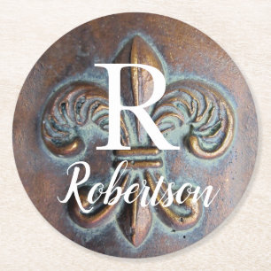 Porta-copo De Papel Redondo Vintage Fleur De Lis Monograma Inicial