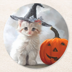Porta-copo De Papel Redondo Vintage Halloween White Kitten e Jack-o-lantern