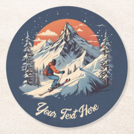 Porta-copo De Papel Redondo Vintage Mountain Pine Skiing Laranja Sunset