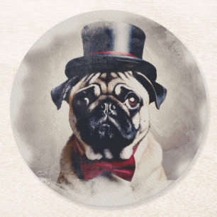 Porta-copo De Papel Redondo Vintage Posh Pug Portrait