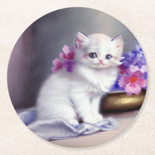 Porta-copo De Papel Redondo Vintage White Kitten com Flores Rosa e Púrpura