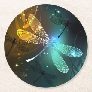 Porta-copo De Papel Redondo Voo luminoso verde de libélula