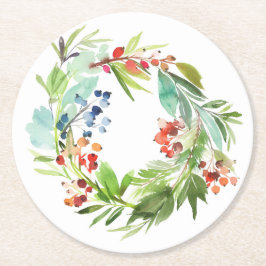 Porta-copo De Papel Redondo Watercolor Winterberry Holly e Juniper Christmas