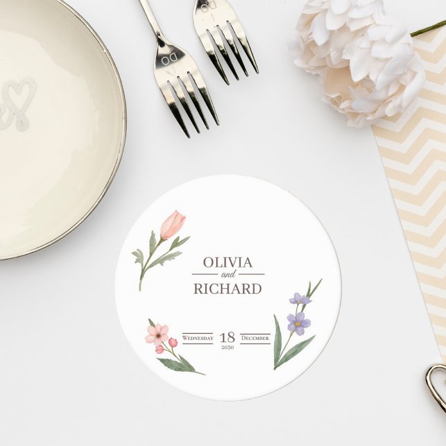Porta-copo De Papel Redondo Wedding Coaster with Romantic Botanical Design (Criador carregado)