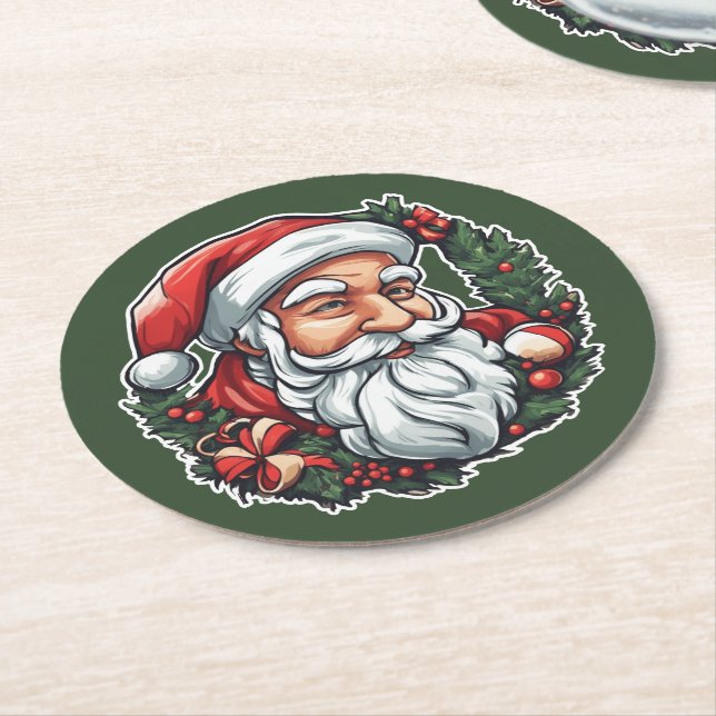 Porta-copo De Papel Redondo Weihnachtsmannkopf mit Kranz - (Angulado)