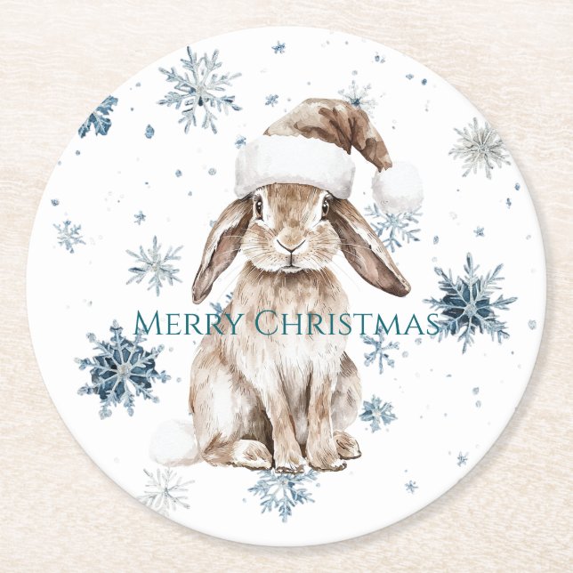 Porta-copo De Papel Redondo White Blue Snowflakes Christmas Bunny (Frente)