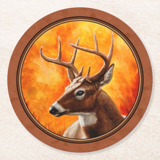 Porta-copo De Papel Redondo Whitetail Deer no outono, Vermelho Brown (Frente)
