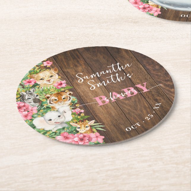 Porta-copo De Papel Redondo Wild One Animals Rustic Pink Safari Baby Shower (Angulado)