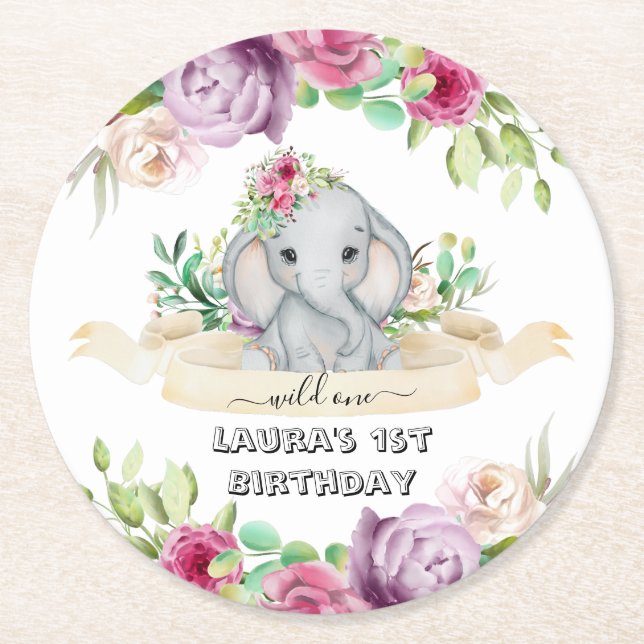 Porta-copo De Papel Redondo Wild One - Baby Elephant and Flowers primeiro aniv (Frente)
