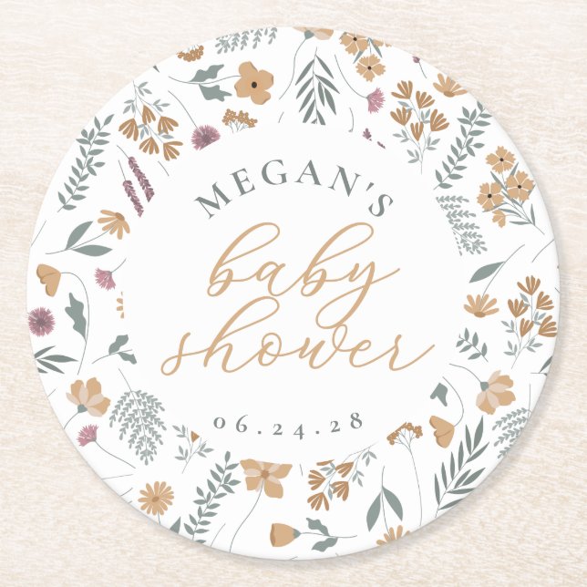 Porta-copo De Papel Redondo Wildflower Baby Shower Coasters - Orange (Frente)