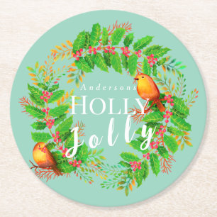 Porta-copo De Papel Redondo Wreath Holly Jolly Family Light Teal