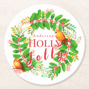 Porta-copo De Papel Redondo Wreath Holly Jolly Family White