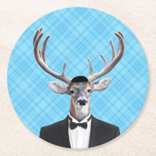 Porta-copo De Papel Redondo Xadrez feliz do azul dos cervos de Hanukkah do