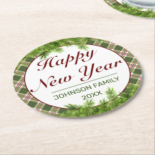 Porta-copo De Papel Redondo Xadrez Vermelha Verde e Feliz ano novo da Ramifica
