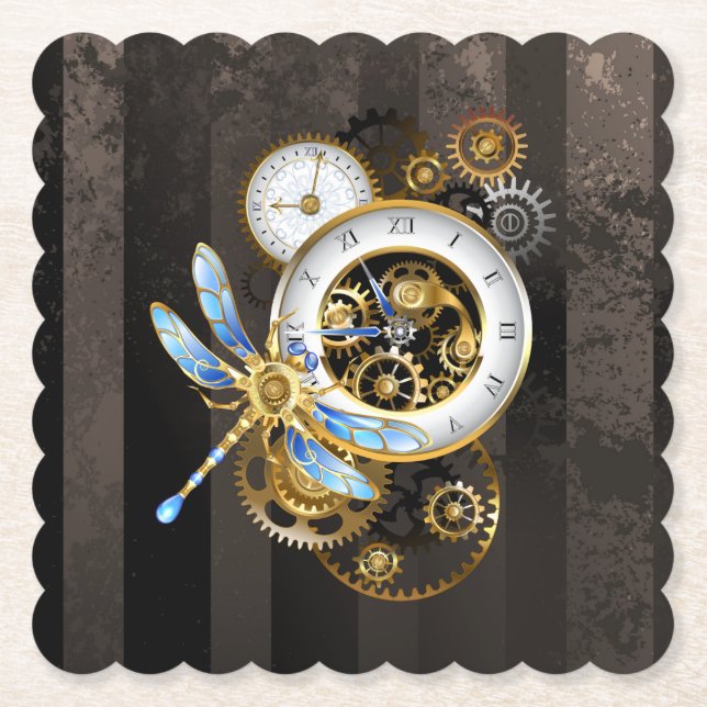 Porta-copo De Papel Relógio Steampunk com Dragonfly Mecânica (Frente)