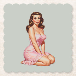 Porta-copo De Papel Retro Brunette Pin-up Girl in Pink