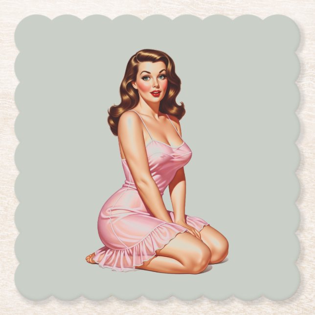 Porta-copo De Papel Retro Brunette Pin-up Girl in Pink (Frente)