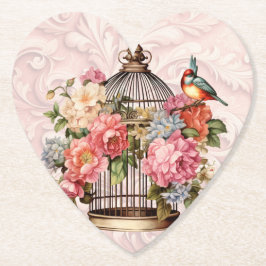 Porta-copo De Papel Romântica Cage de Pássaros Floral Aquarela Vintage