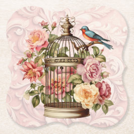 Porta-copo De Papel Romântico Cage de Pássaros Floral Aquarela Vintage