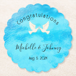 Porta-copo De Papel Romântico - duas pombas com coração rosa no azul