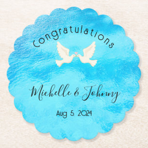 Porta-copo De Papel Romântico - duas pombas com coração rosa no azul