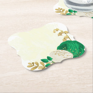 Porta-copo De Papel Romântico esmeralda verde e flores brancas dourado