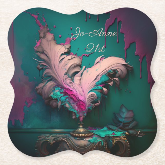 Porta-copo De Papel Rosa-Abstrato e Teal vibrantes (Frente)