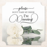 Porta-copo De Papel Rosa Branca Elegante Não tome meu Casamento de Beb<br><div class="desc">Esta porta copos de casamento é elegante, na moda, e divertida! Ele apresenta uma foto de um solteiro de marfim, branco ou creme, de longo curso, que fica do lado dele, espelhado em uma piscina de água. O texto diz "Por favor, não tome minha bebida, estou dançando" escrito em letras...</div>