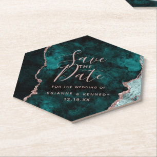 Porta-copo De Papel Rosa Dourada Verde Pavão em Mármore Salve a Data
