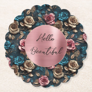 Porta-copo De Papel Rosas Dourados rosa