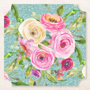 Porta-copo De Papel Rosas em Aquarela em Rosa e Creme com Brilho Aqua