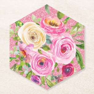 Porta-copo De Papel Rosas em Aquarela em Rosa e Creme com Brilho Rosa