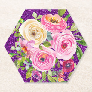 Porta-copo De Papel Rosas em Aquarela em Rosa e Creme com Brilho Roxo