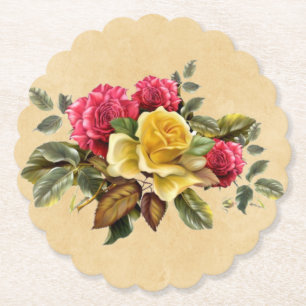 Porta-copo De Papel Rosas Florais Vermelhas e Amarelas Vintage