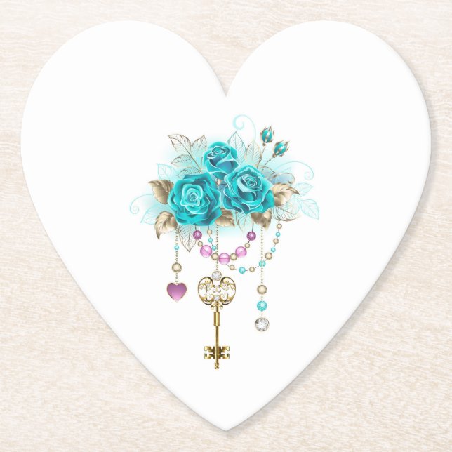 Porta-copo De Papel Rosas Turquesas com Chaves (Frente)